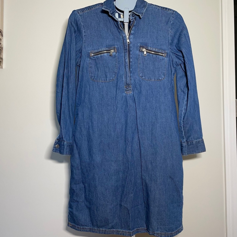 Gap 1969 Women Denim Shift Dress Medium Wash Long Sleeve Half Zip Blue Small Y2K
